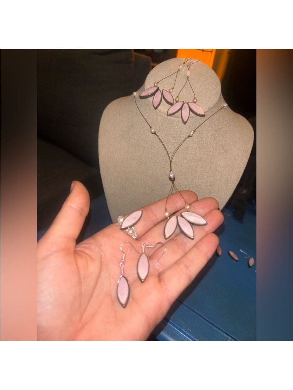 Delicate Pink & Gold ARTISAN Beads & Genuine Pearl Set Necklace Earrings & Ring